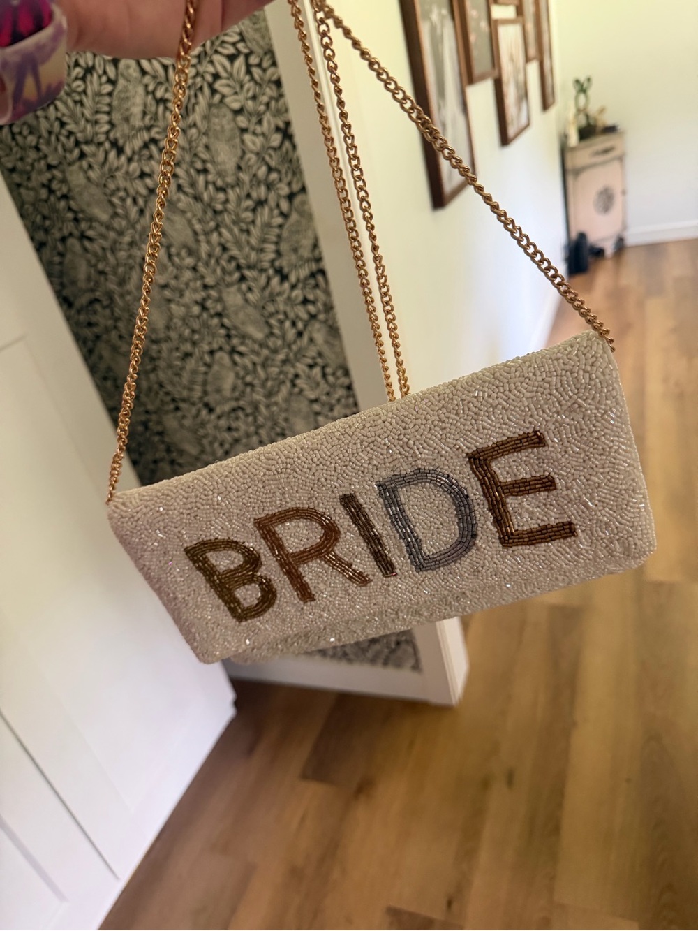 Bride Embellished Ivory Beaded Clutch Bag with Gold Chain